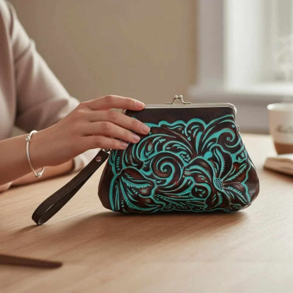 Patricia Nash Savena Brown Turquoise Embossed Tooled Clutch Wristlet